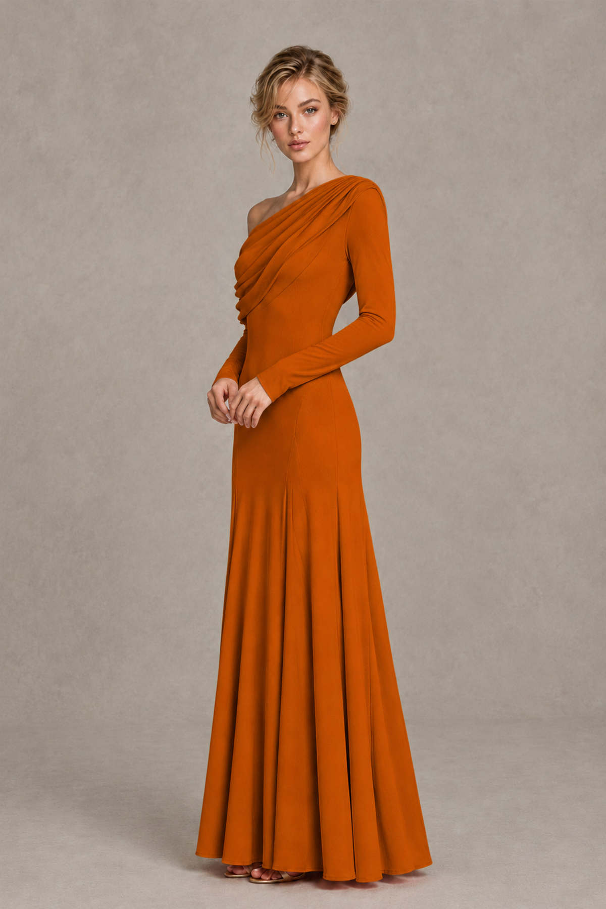 BOLODOO Burnt Orange Asymmetric Draped Long Sleeve Evening Gown - Burnt Orange
