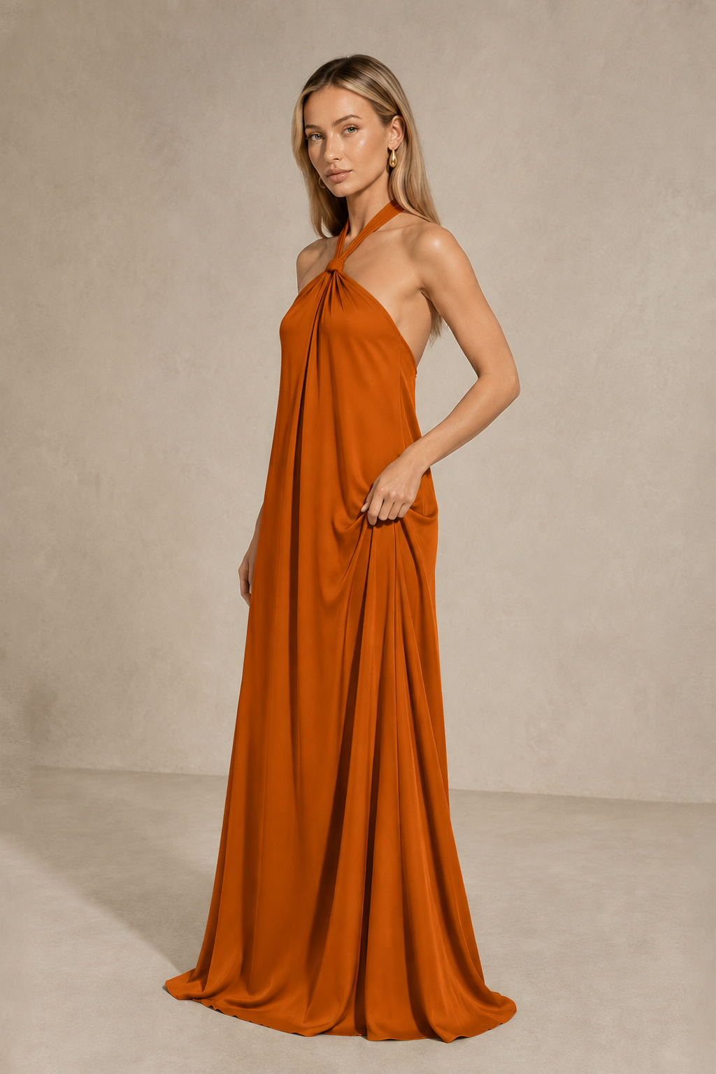 BOLODOO Burnt Orange Backless Halter Satin Bridesmaid Dress - Burnt Orange
