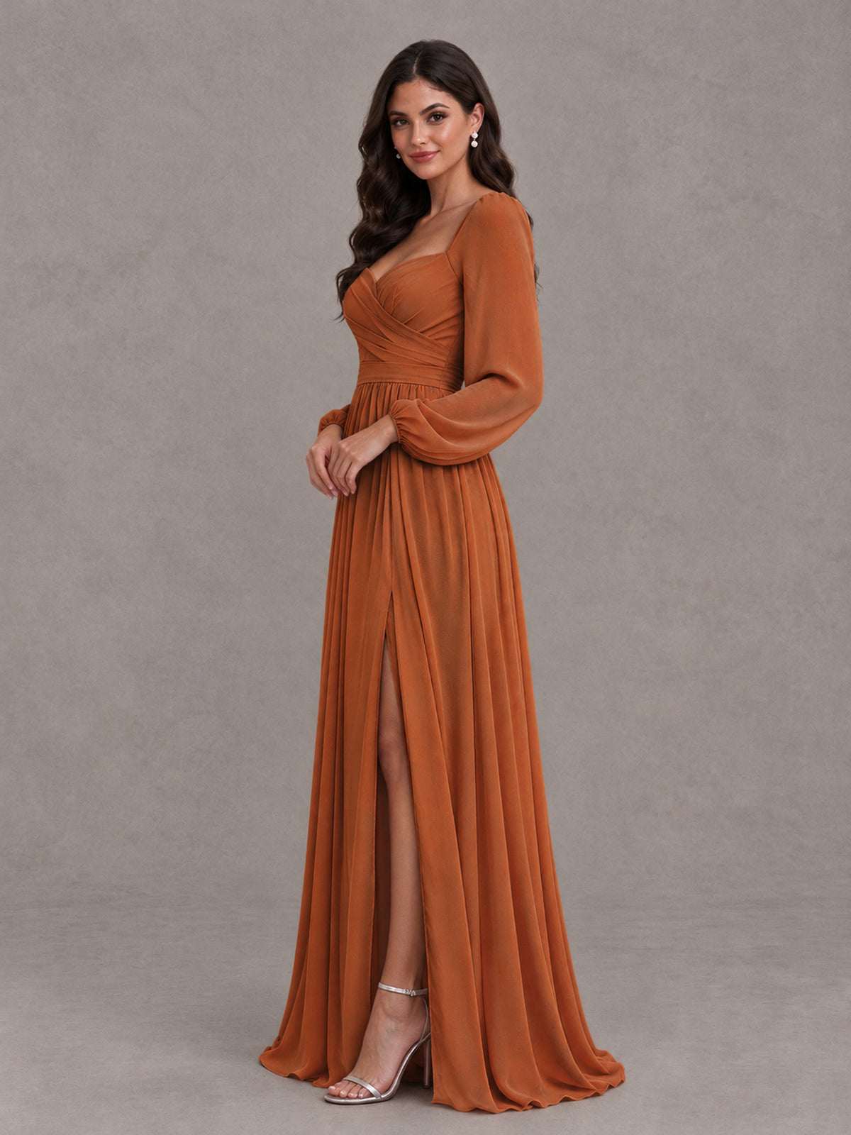 BOLODOO Burnt Orange Long Sleeve Chiffon Bridesmaid Dress with Slit - Burnt Orange - Burnt Orange (3)