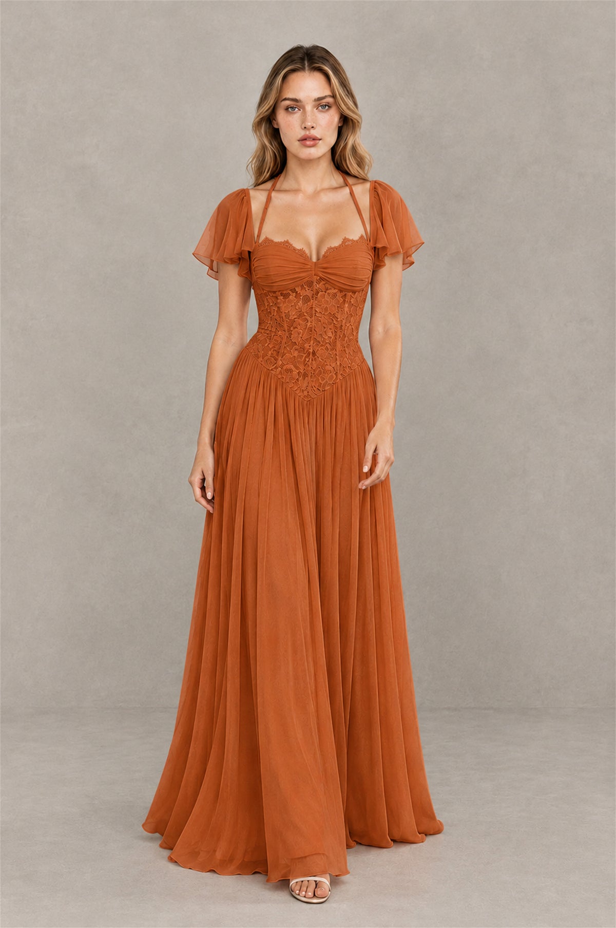 BOLODOO Burnt Orange Flutter Sleeve Lace Corset A-Line Maxi Dress - Burnt Orange - Burnt Orange (3)