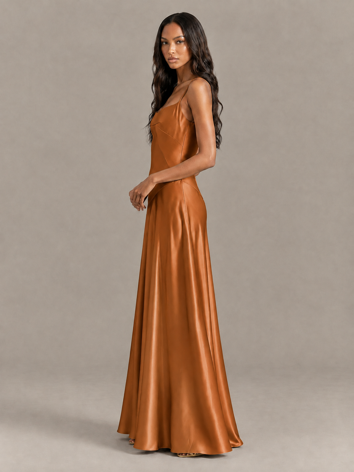BOLODOO Burnt Orange Satin Lace-Up Back Maxi Dress - Burnt Orange
