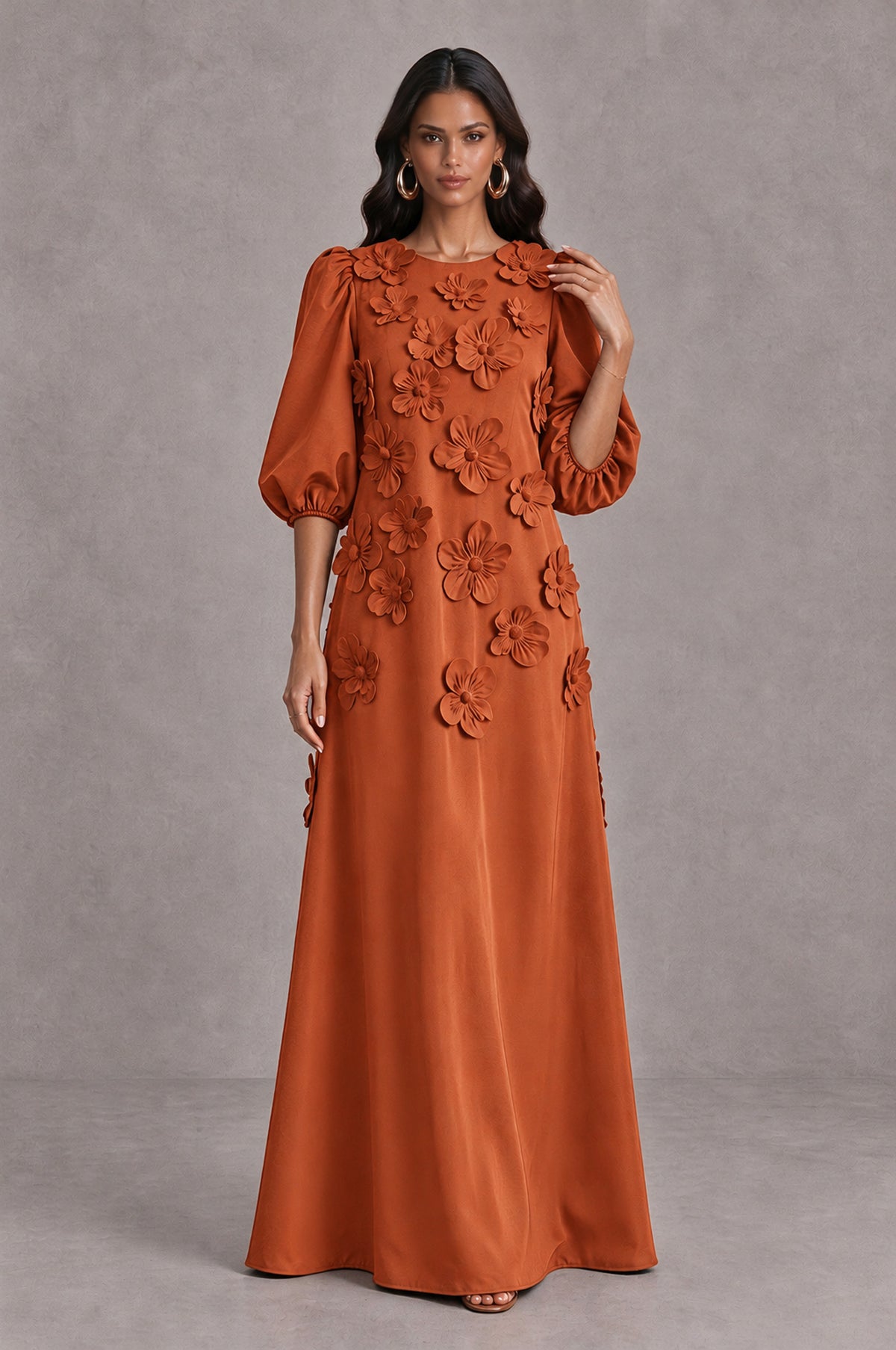 BOLODOO Burnt Orange Floral Applique Puff Sleeve A-Line Evening Dress - Burnt Orange - Burnt Orange (3)