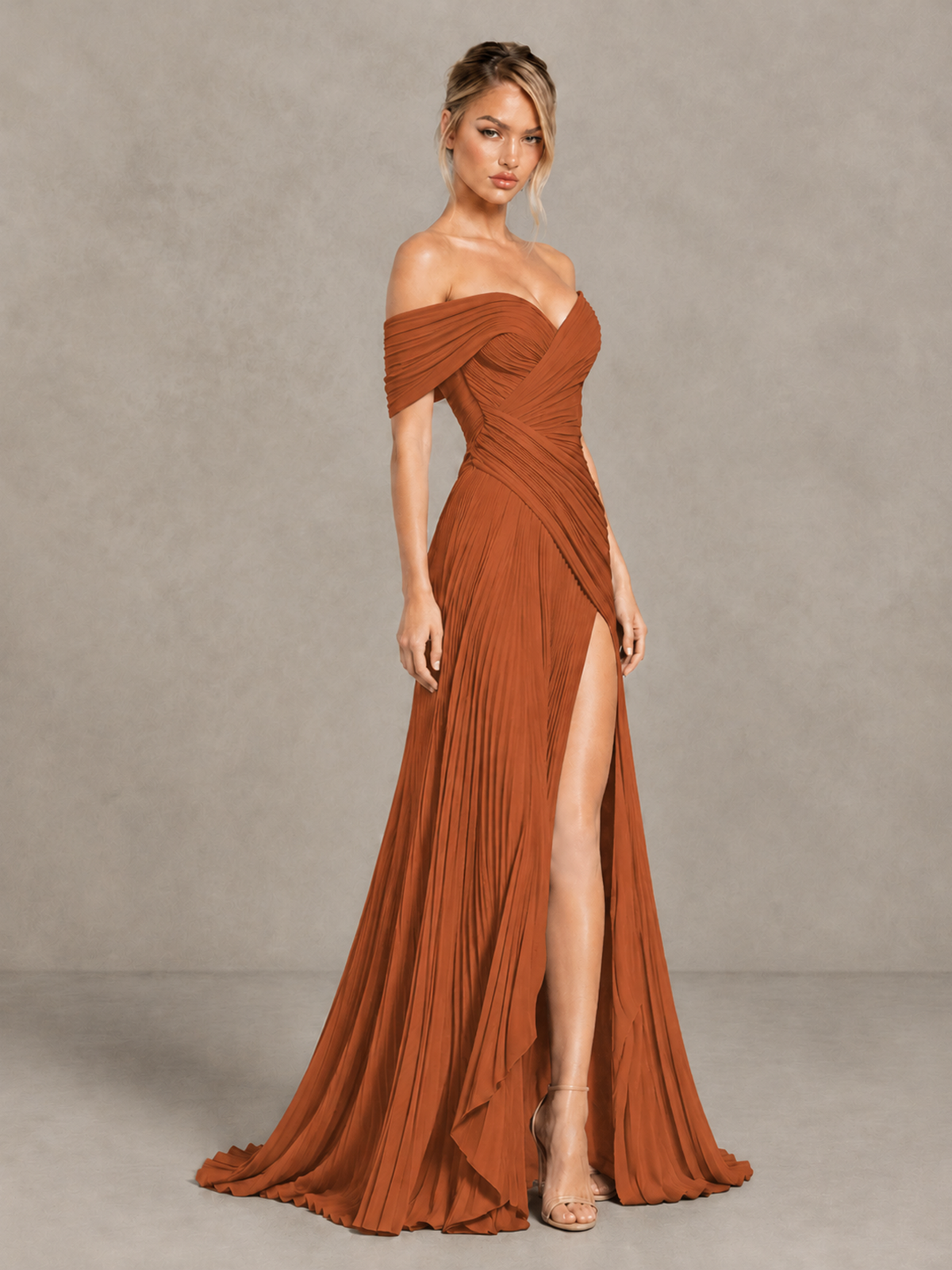 BOLODOO Burnt Orange Off-Shoulder Ruched Pleated Maxi Dress with High Slit - Burnt Orange - Burnt Orange (3)