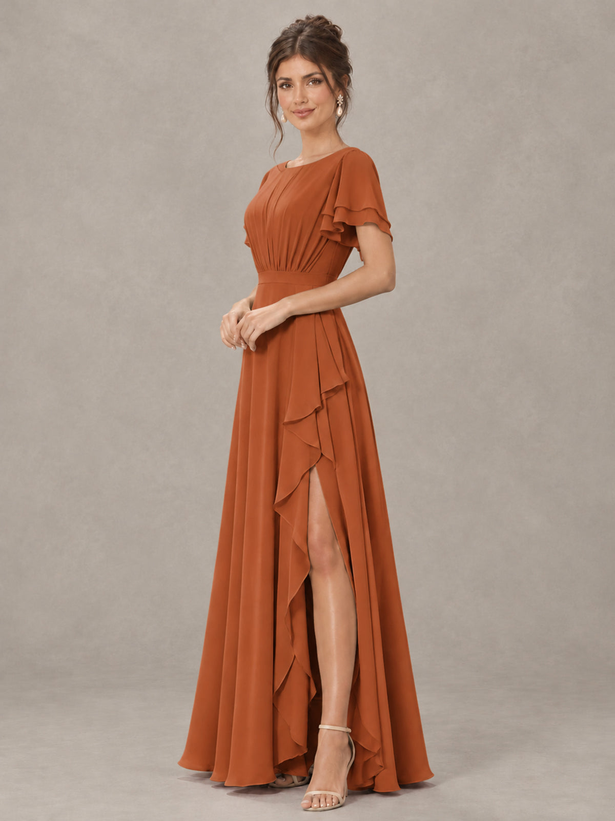 BOLODOO Burnt Orange Flutter Sleeve Ruffle Bridesmaid Dress with Slit - Burnt Orange - Burnt Orange (3)