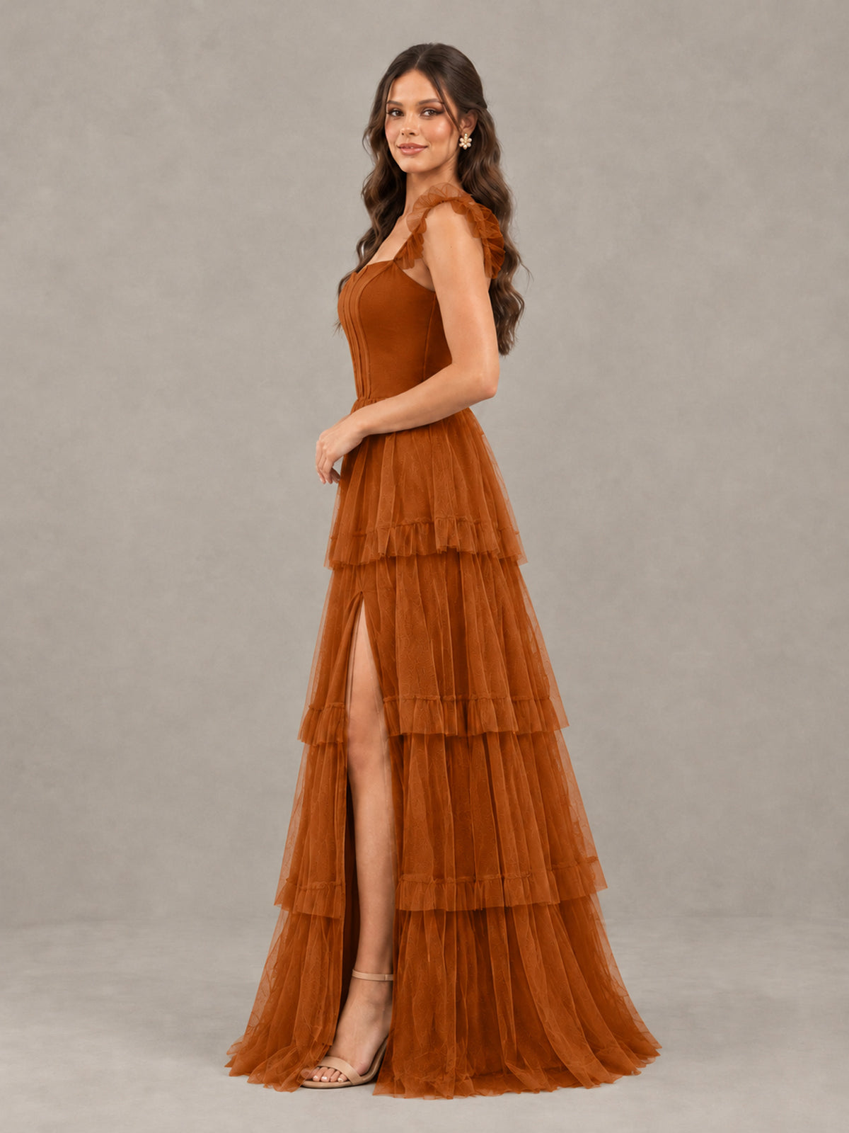 BOLODOO Burnt Orange Tiered Tulle Bridesmaid Dress with Slit - Burnt Orange - Burnt Orange (3)