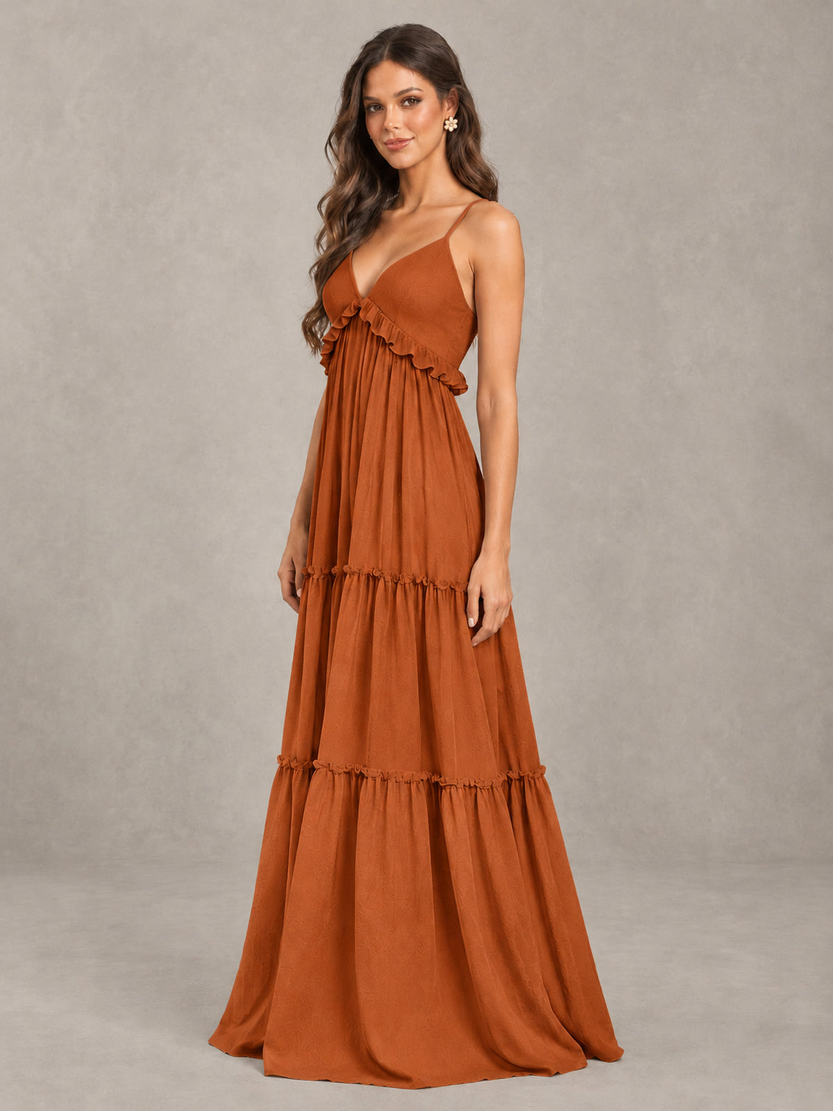 BOLODOO Burnt Orange Tiered V-Neck Lace-Up Back Bridesmaid Dress - Burnt Orange - Burnt Orange (3)