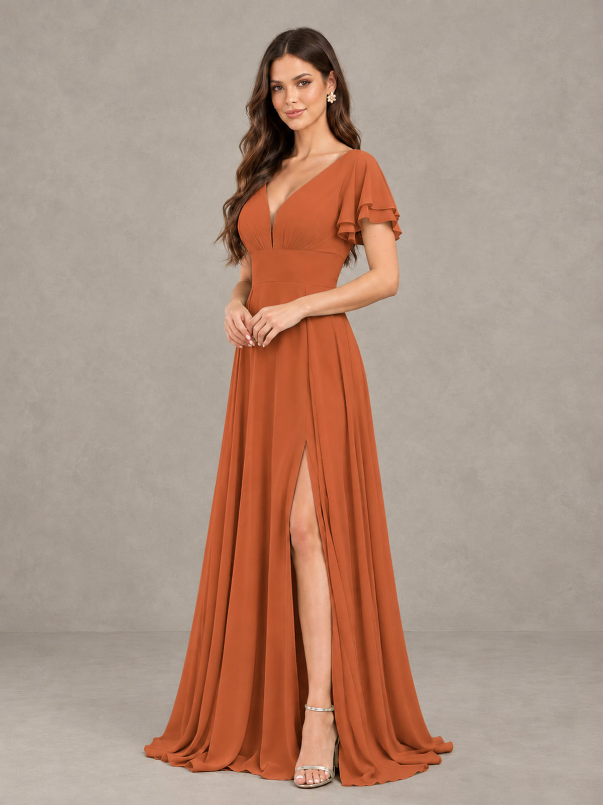 BOLODOO Burnt Orange Flutter Sleeve Chiffon A-Line Maxi Bridesmaid Dress with Open Back & Slit - Burnt Orange - Burnt Orange (3)