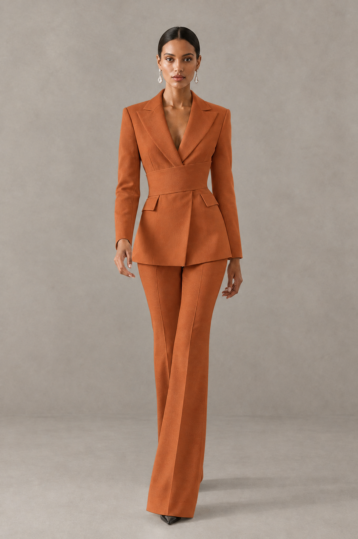 BOLODOO Burnt Orange Two-Piece Pantsuit with Tailored Blazer & Flared Pants - Burnt Orange - Burnt Orange (3)