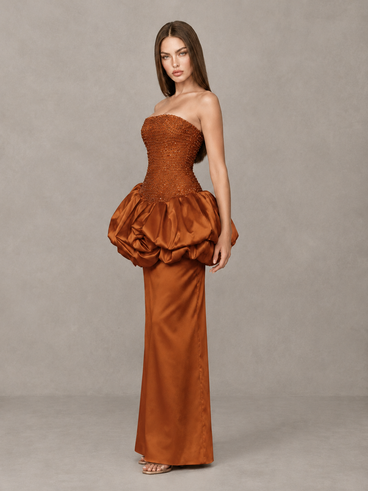 BOLODOO Burnt Orange Strapless Embellished Bubble Peplum Evening Dress - Burnt Orange - Burnt Orange (3)