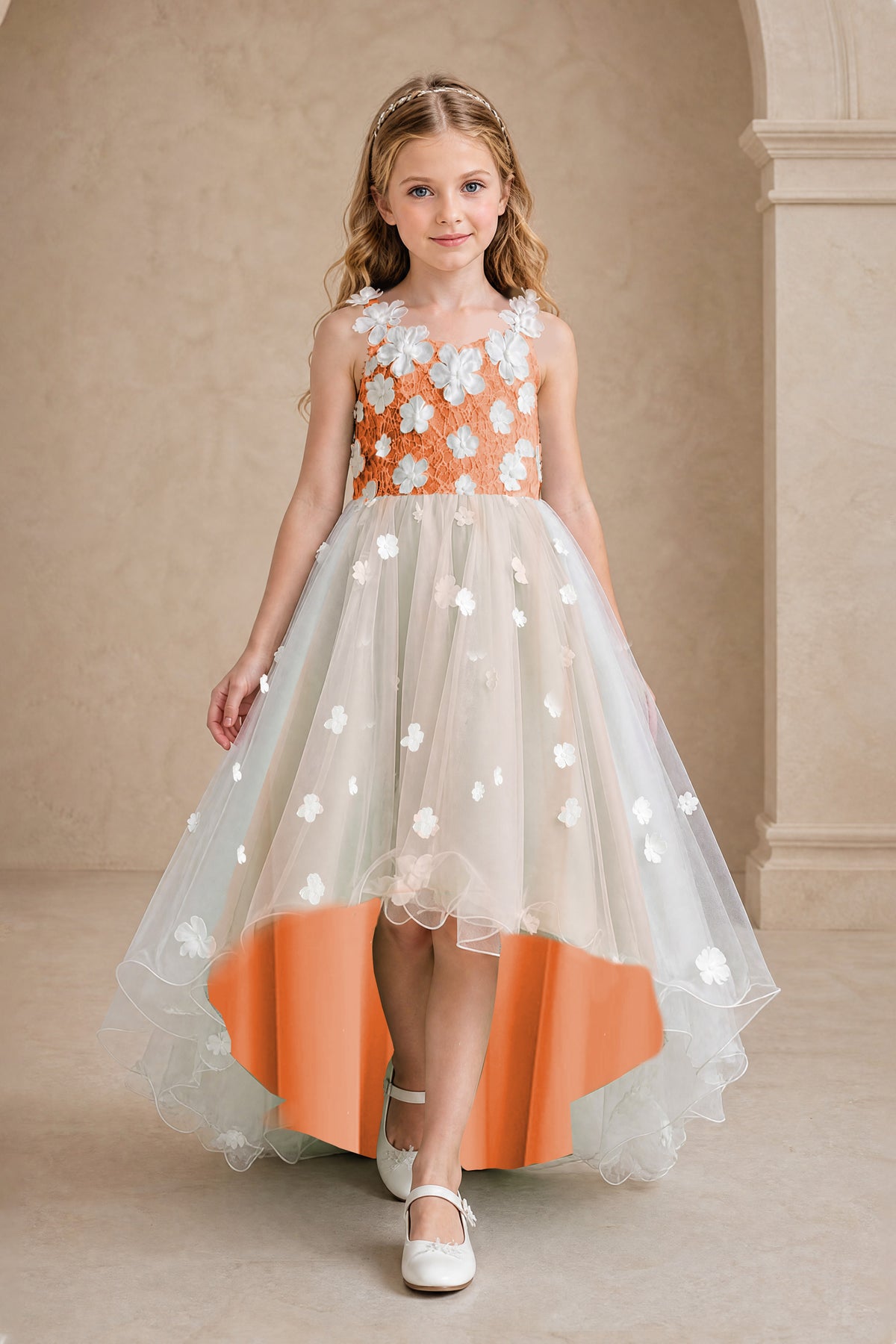BOLODOO Burnt Orange Flower Girl Dress with Floral Appliqué and High-Low Tulle Skirt - Burnt Orange