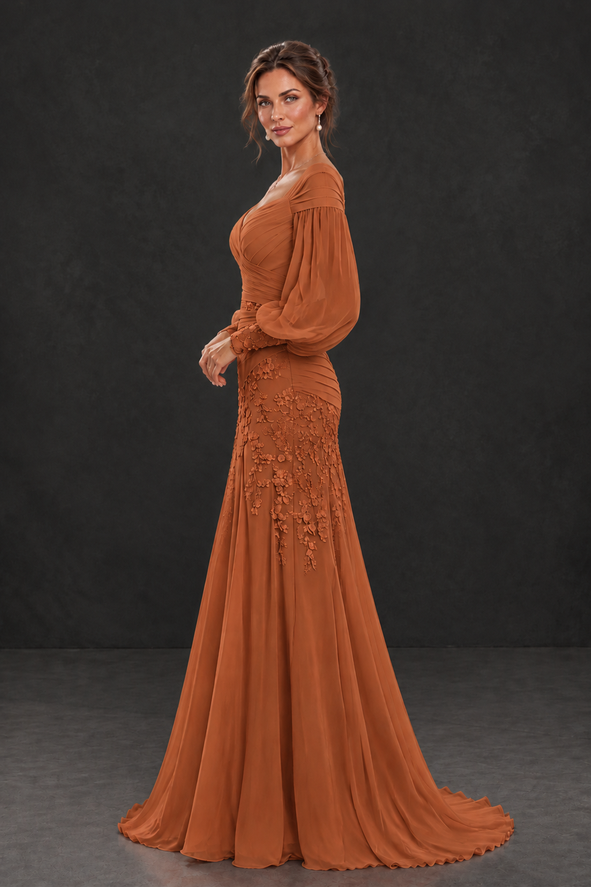 BOLODOO Burnt Orange Long Sleeve Mother of the Bride Dress with Floral Appliqués - Burnt Orange - Burnt Orange (3)