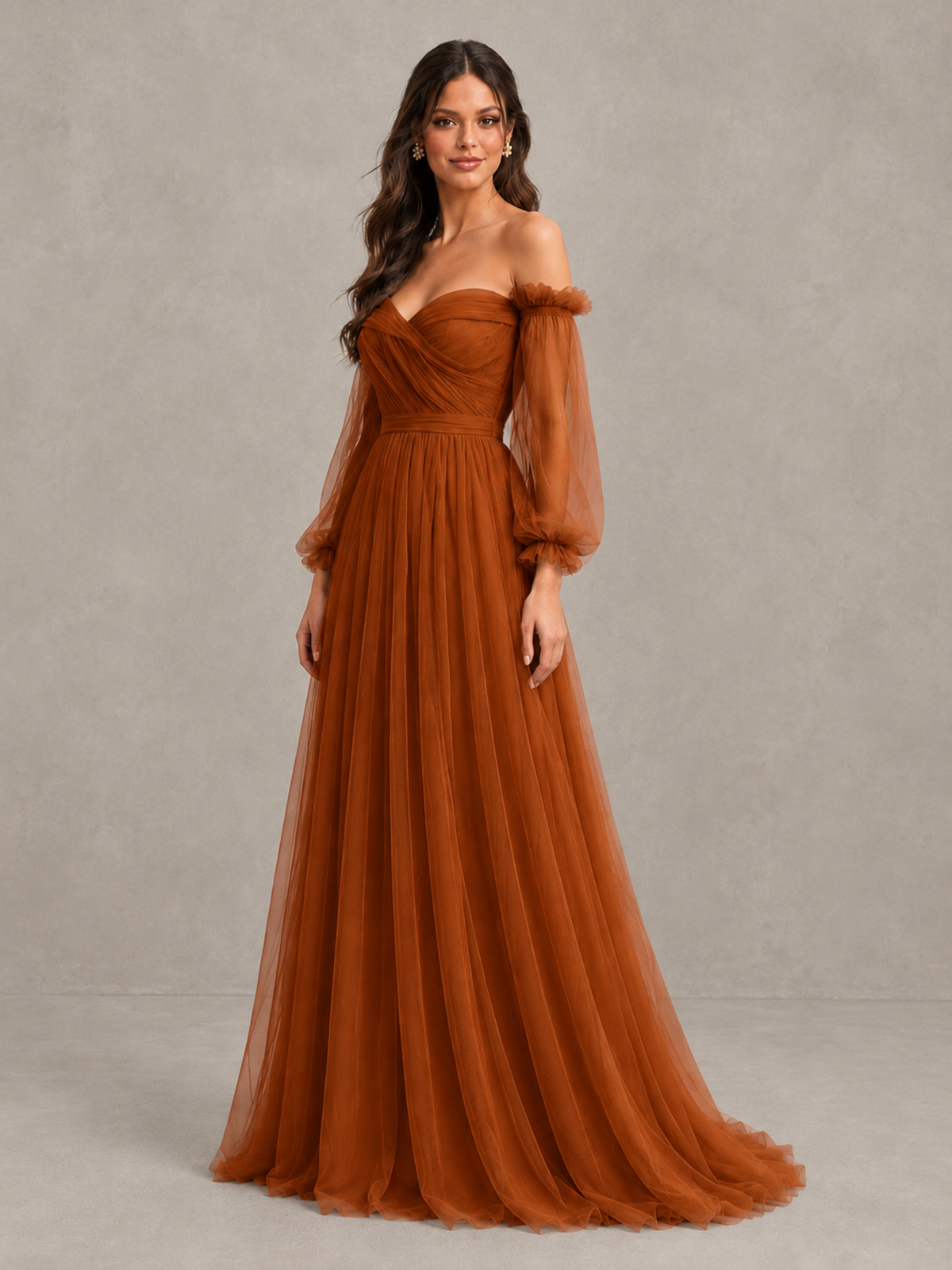 BOLODOO Burnt Orange Off-the-Shoulder Long Sleeve A-Line Bridesmaid Dress - Burnt Orange - Burnt Orange (3)