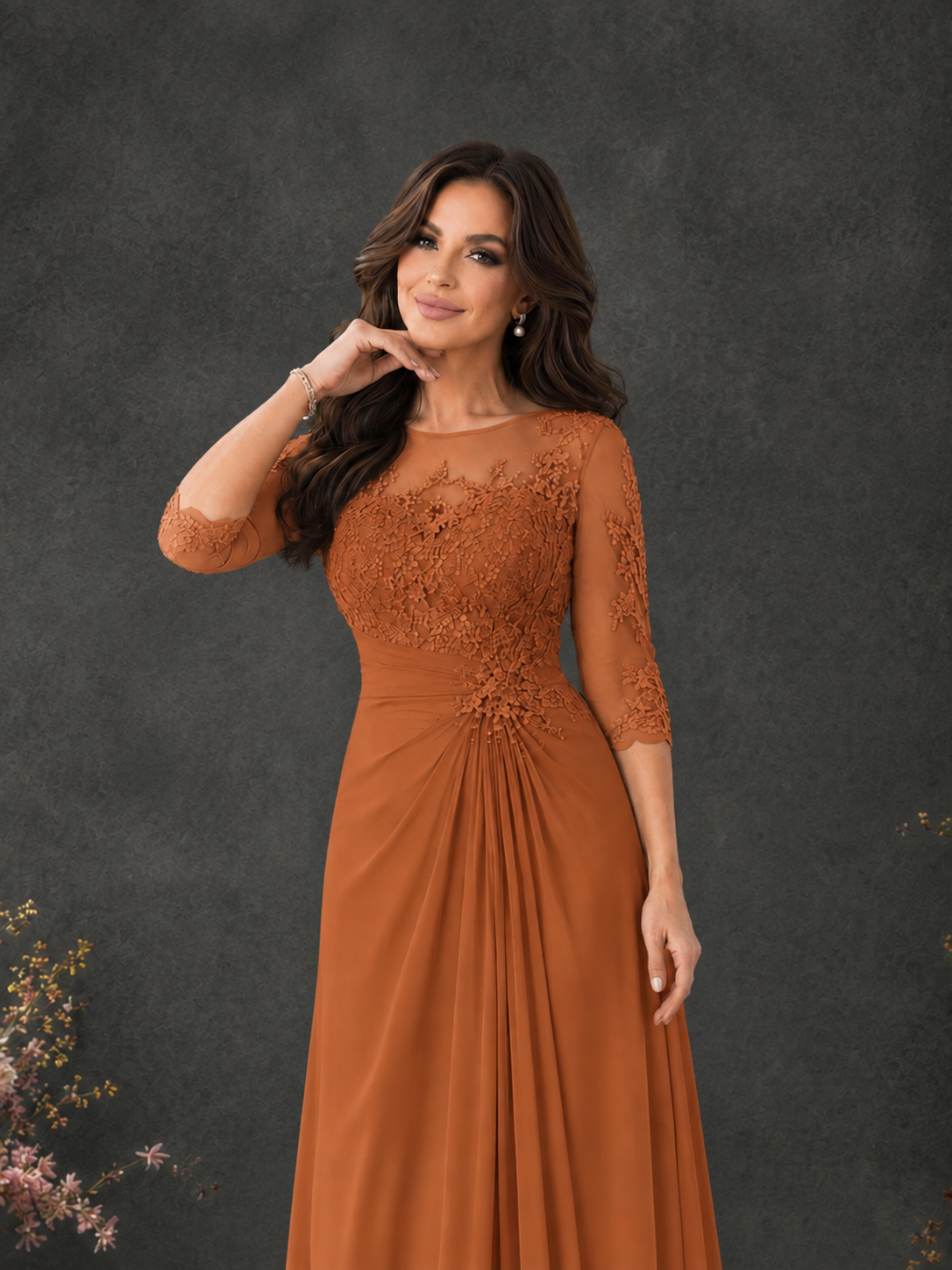 BOLODOO Burnt Orange Chiffon Lace Illusion Neckline 3/4 Sleeve Floor Length Formal Gown - Burnt Orange