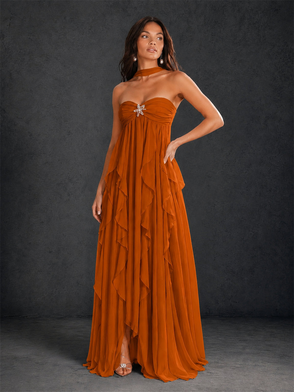 BOLODOO Burnt Orange Halter Neck Cascading Ruffle Chiffon Maxi Dress | Keyhole Open Back - Burnt Orange