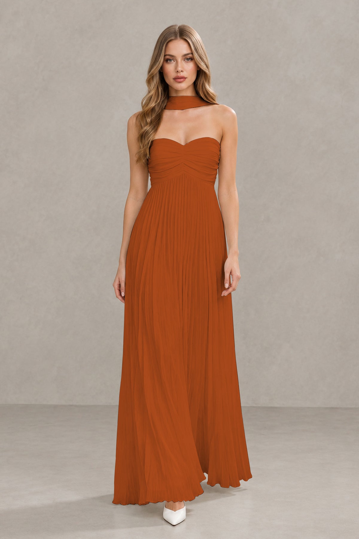 BOLODOO Burnt Orange Strapless Chiffon-Look Maxi Dress with Lace-Up Back & Cape - Burnt Orange