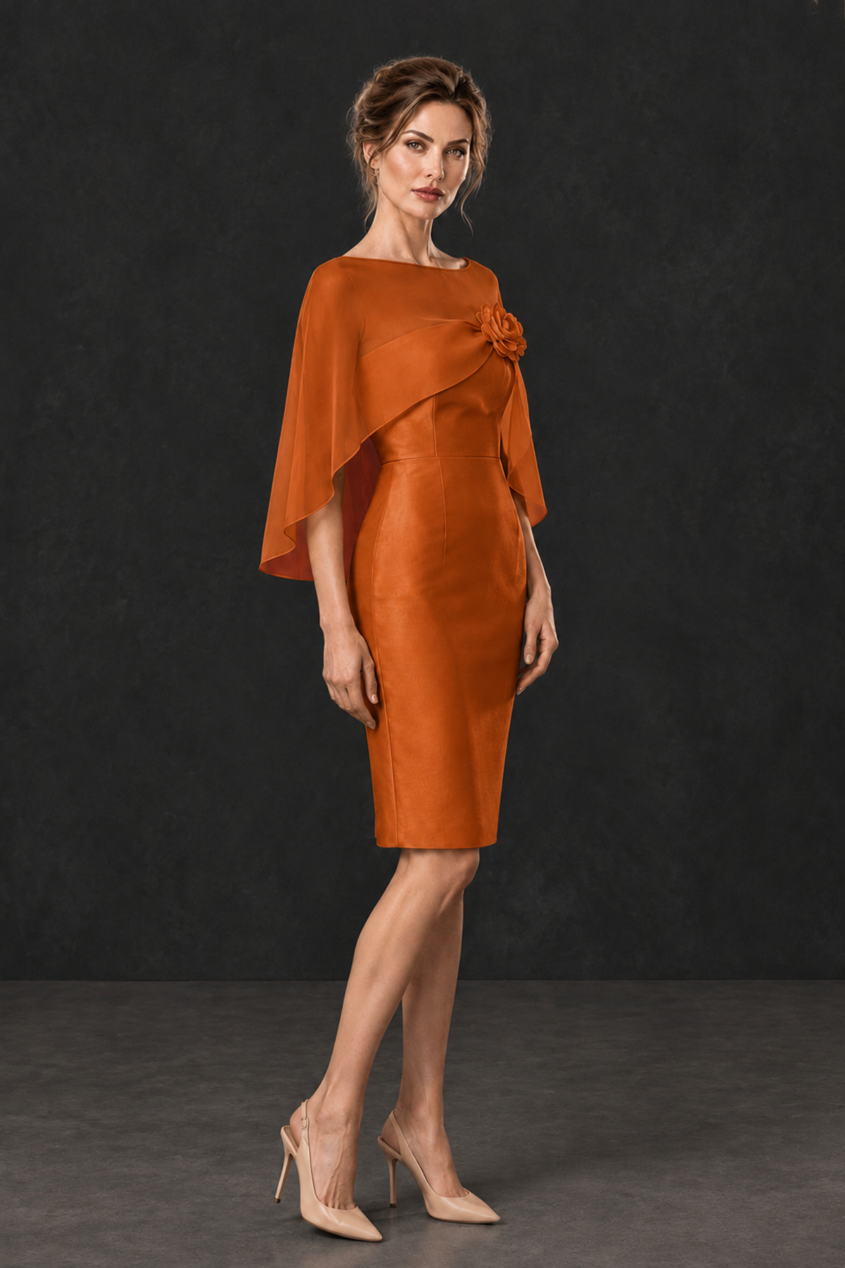 BOLODOO Burnt Orange Cape Knee-Length Mother of the Bride Dress - Burnt Orange - Burnt Orange (3)