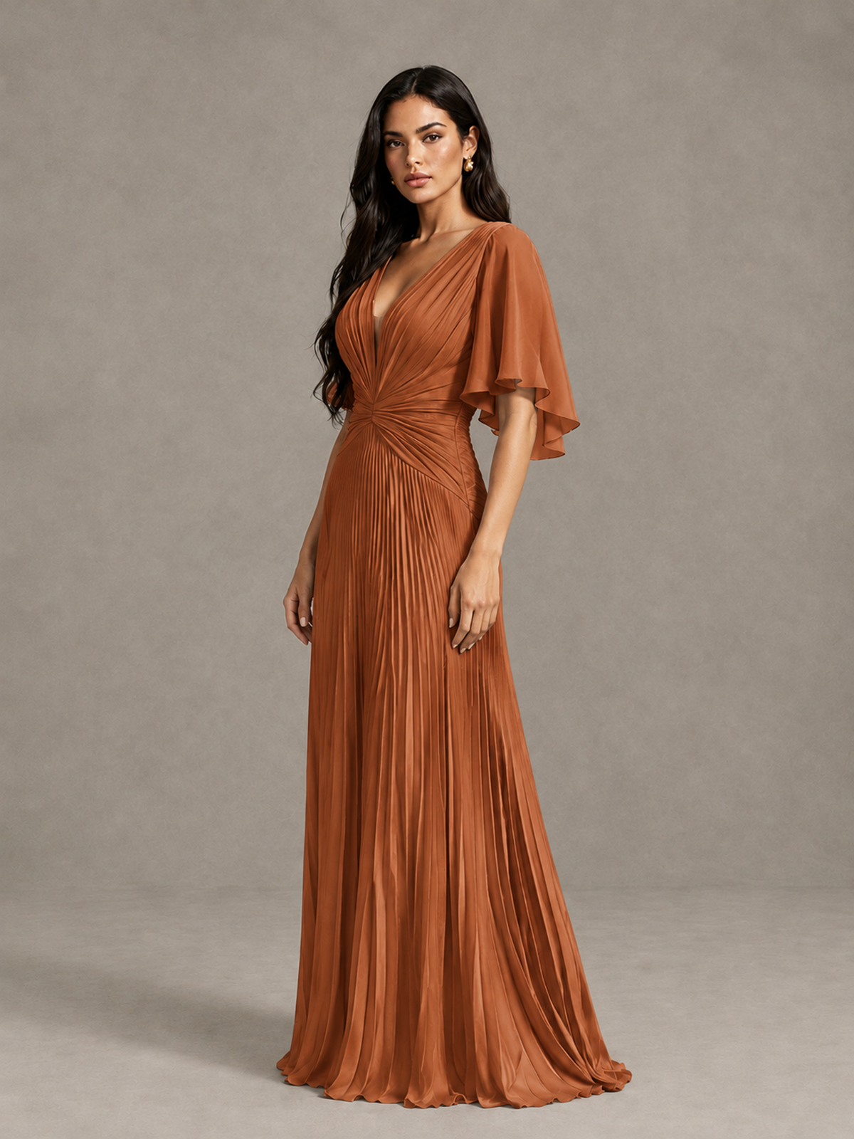 BOLODOO Burnt Orange Pleated V-Neck Flutter Sleeve Bridesmaid Dress - Burnt Orange - Burnt Orange (3)