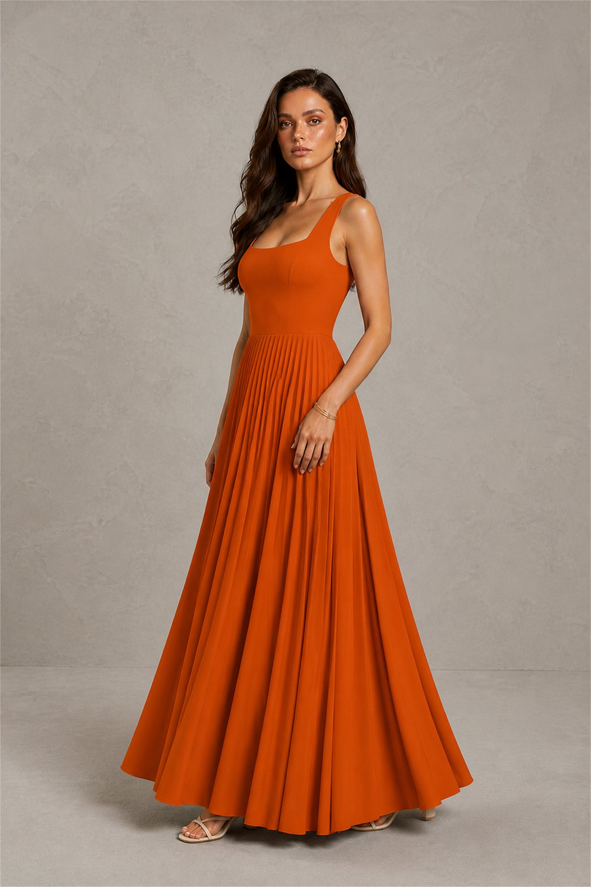 BOLODOO Burnt Orange Square Neck Wide Strap Lace-Up Back Pleated A-Line Chiffon Maxi Dress - Burnt Orange