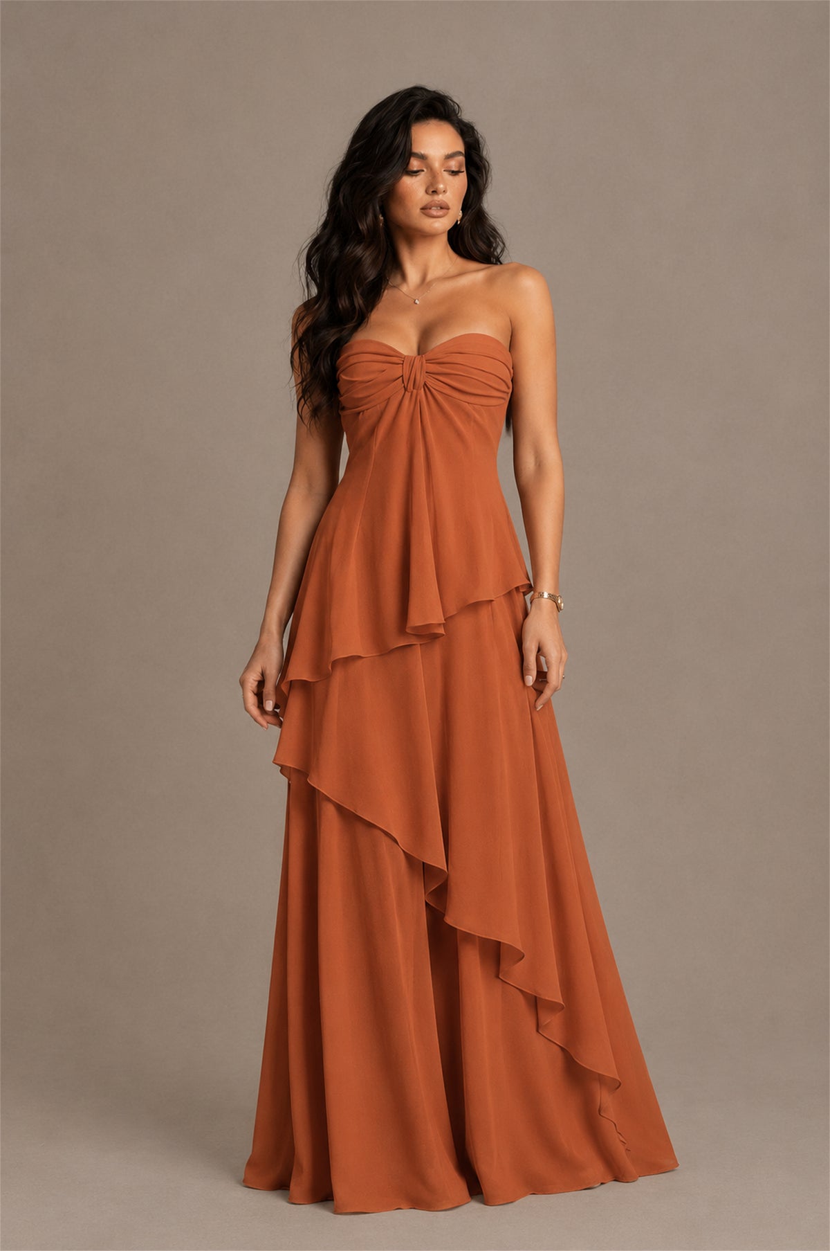 BOLODOO Burnt Orange Strapless Sweetheart Knotted Chiffon Tiered Maxi Dress with Lace-Up Back - Burnt Orange