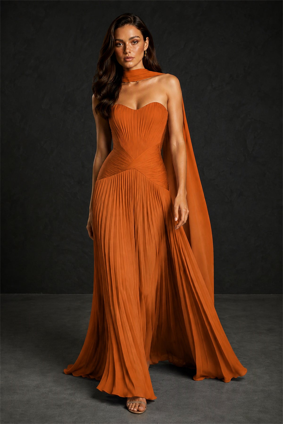 BOLODOO Burnt Orange Sweetheart Strapless Neck Scarf Pleated Backless A-Line Chiffon Maxi Dress - Burnt Orange