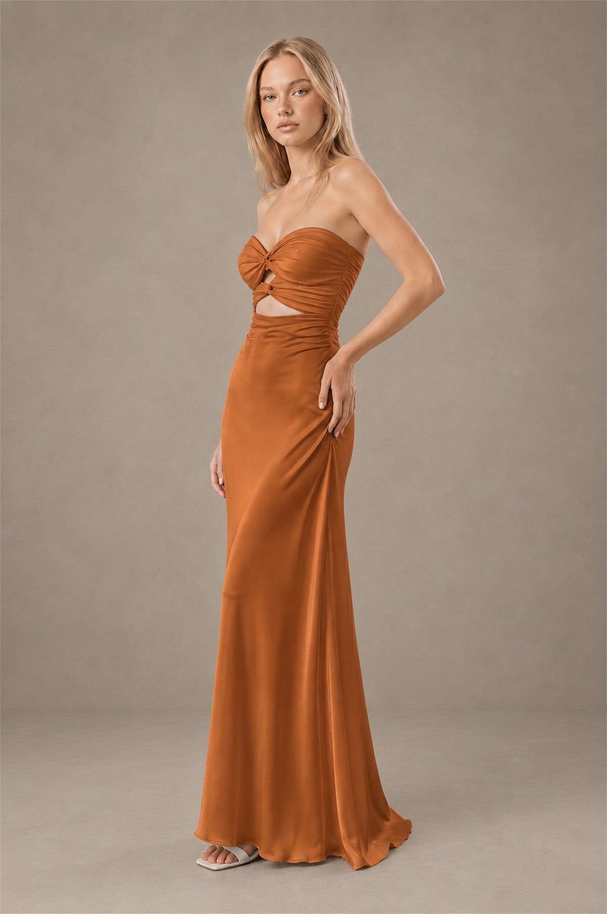 BOLODOO Burnt Orange Sweetheart Strapless Twist Knot Cutout Lace-Up Back Satin Mermaid Maxi Dress - Burnt Orange - Burnt Orange (3)
