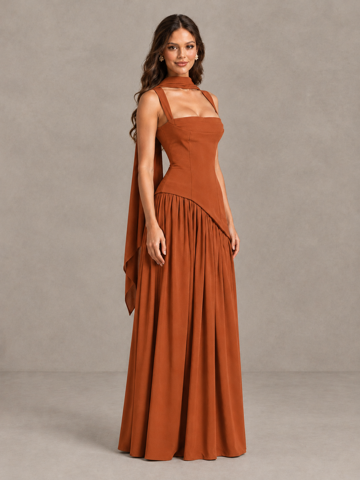 BOLODOO Burnt Orange Brown Scarf Bridesmaid Dress with Lace-Up Back - Burnt Orange - Burnt Orange (3)