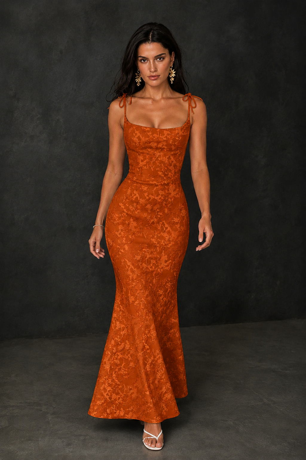 BOLODOO Burnt Orange Scoop Neck Tie Strap Lace-Up Back Floral Jacquard Mermaid Maxi Dress - Burnt Orange