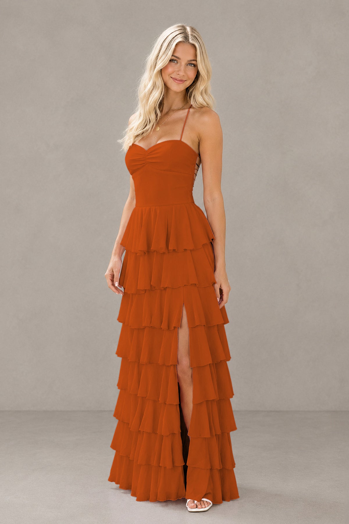 BOLODOO Burnt Orange Strapless Tiered Ruffle Maxi Dress with Slit & Lace-Up Back - Burnt Orange