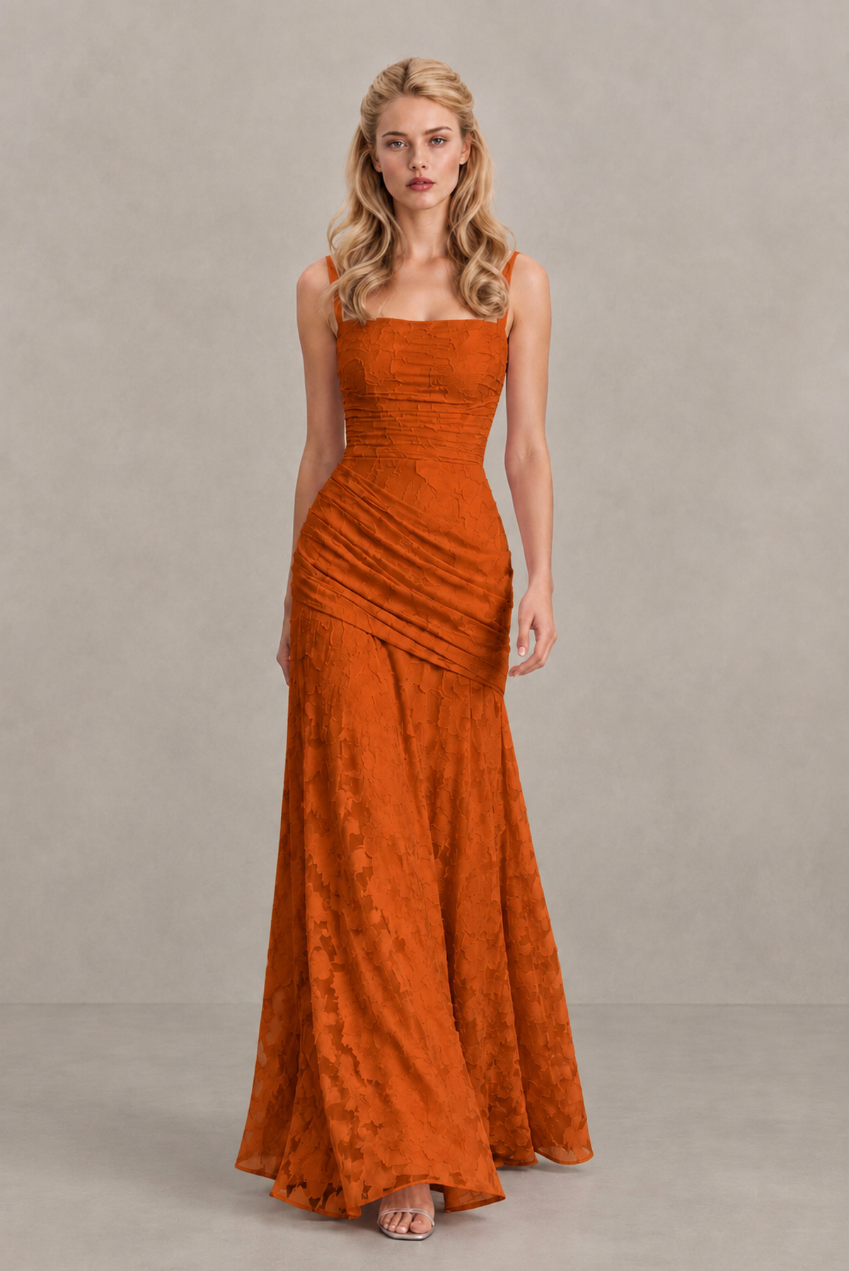 BOLODOO Burnt Orange Ruched Floral Maxi Dress with Lace-Up Back - Burnt Orange