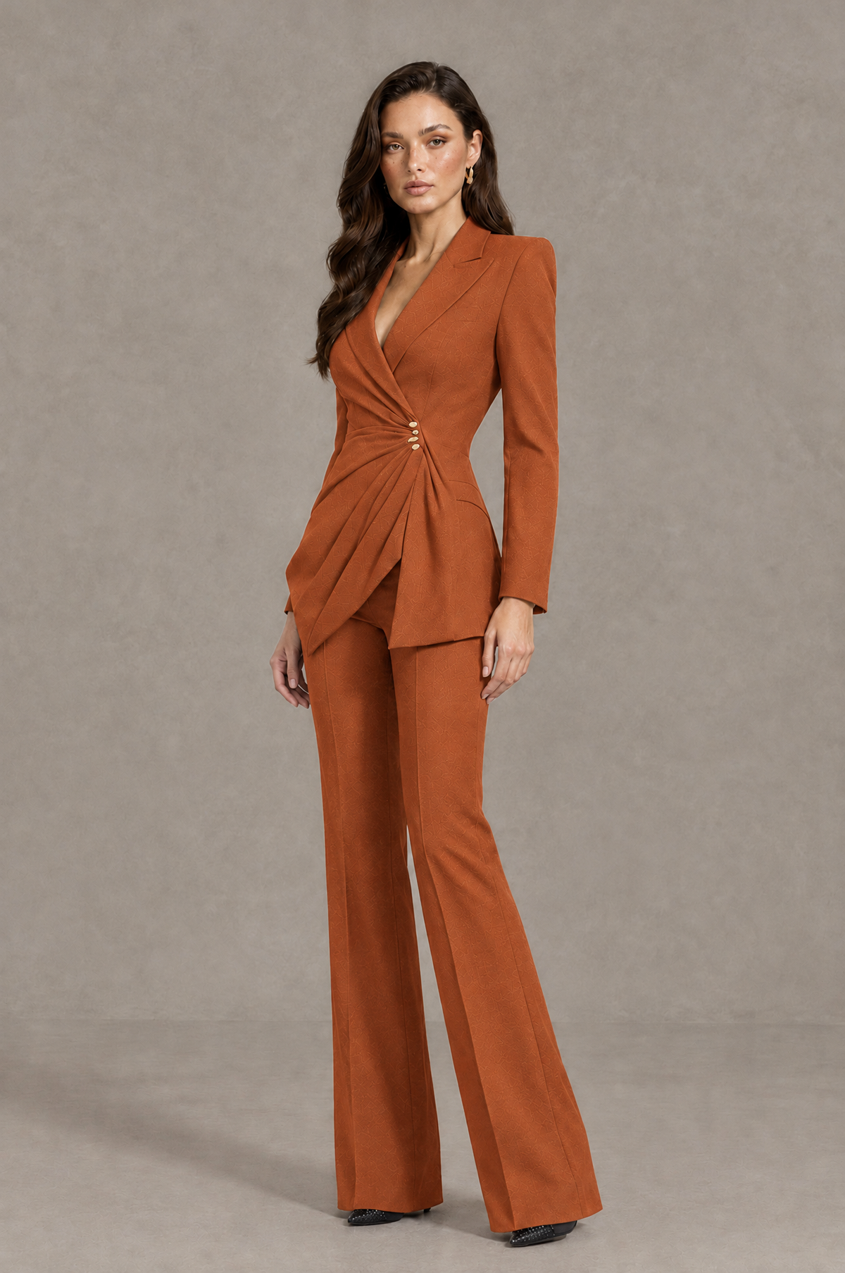 BOLODOO Burnt Orange Long Sleeve Wrap Blazer Pantsuit with Wide-Leg Trousers - Burnt Orange - Burnt Orange (3)