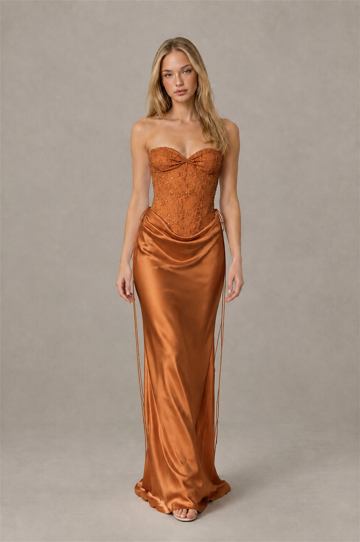 BOLODOO Burnt Orange Strapless Embellished Corset Satin-Look Maxi Dress - Burnt Orange