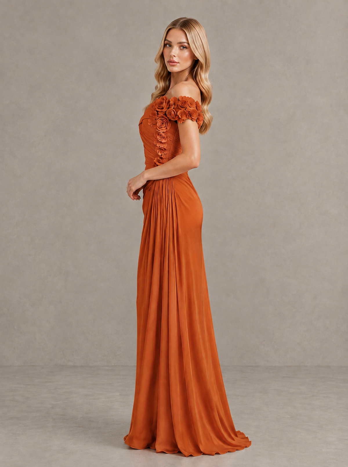 BOLODOO Burnt Orange Off-Shoulder Floral Applique Wedding Guest Maxi Dress - Burnt Orange - Burnt Orange (3)