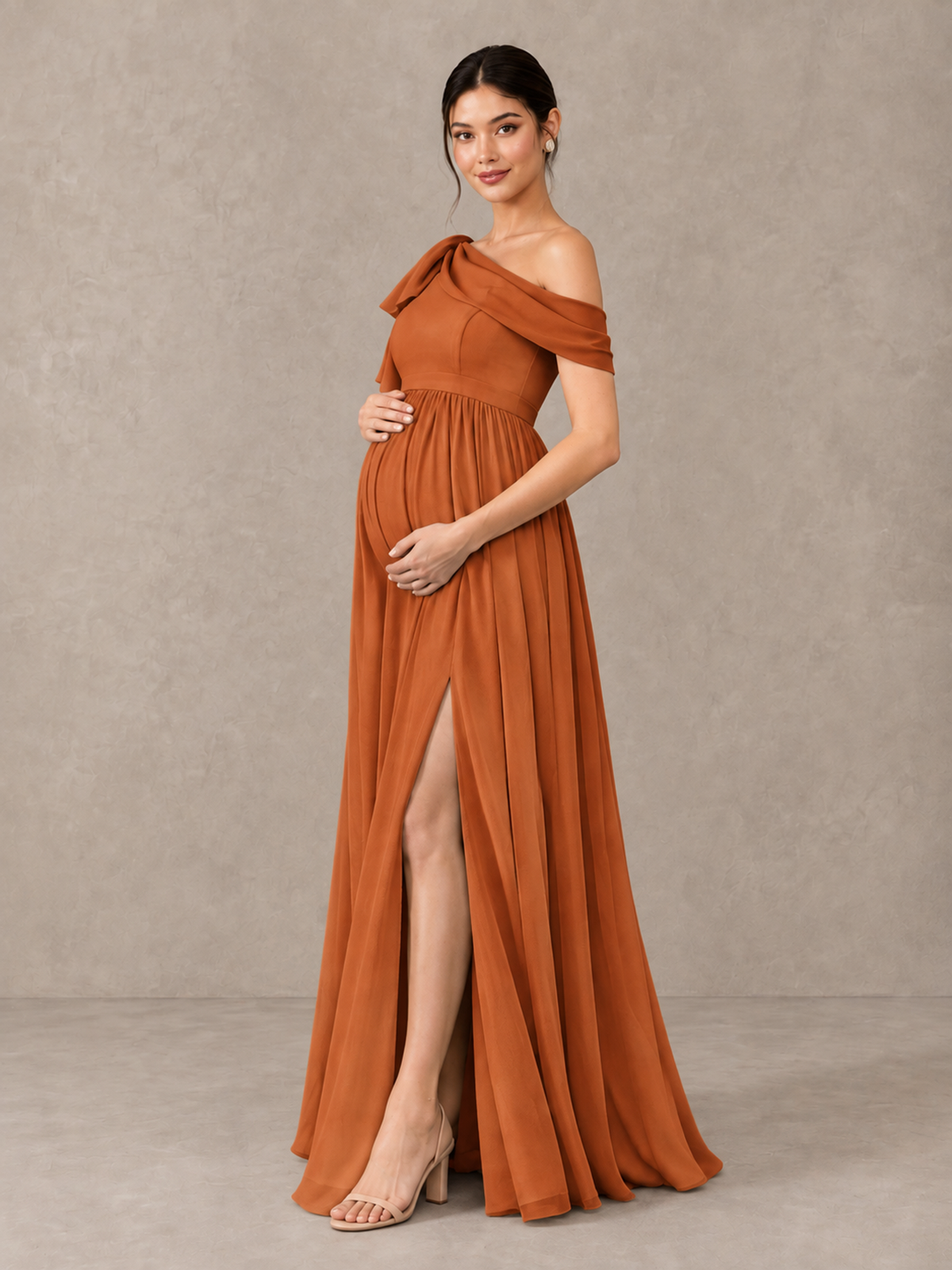 BOLODOO Burnt Orange One-Shoulder Maternity Bridesmaid Dress with Slit - Burnt Orange - Burnt Orange (3)