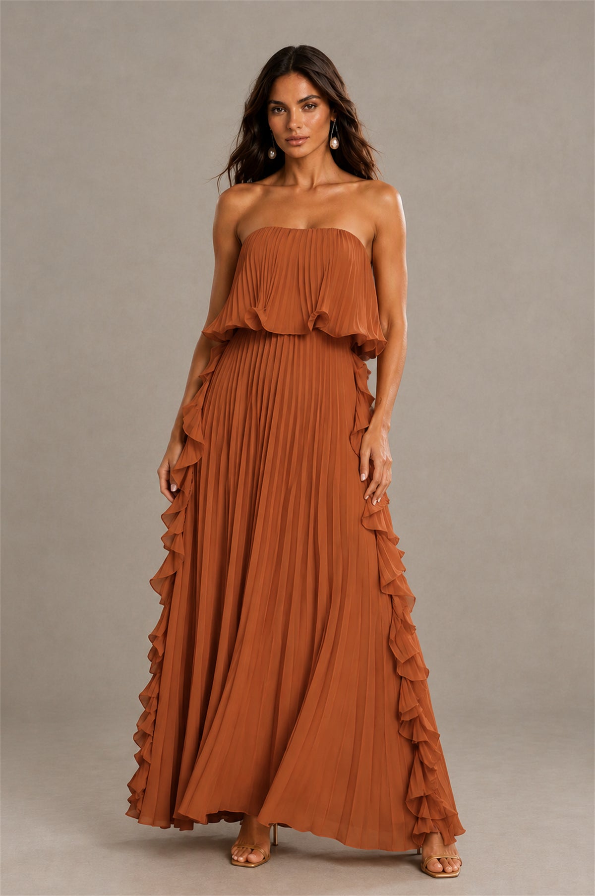 BOLODOO Burnt Orange Strapless Ruffle Bodice Dual Cascading Ruffle Accordion Pleated Chiffon Maxi Dress - Burnt Orange
