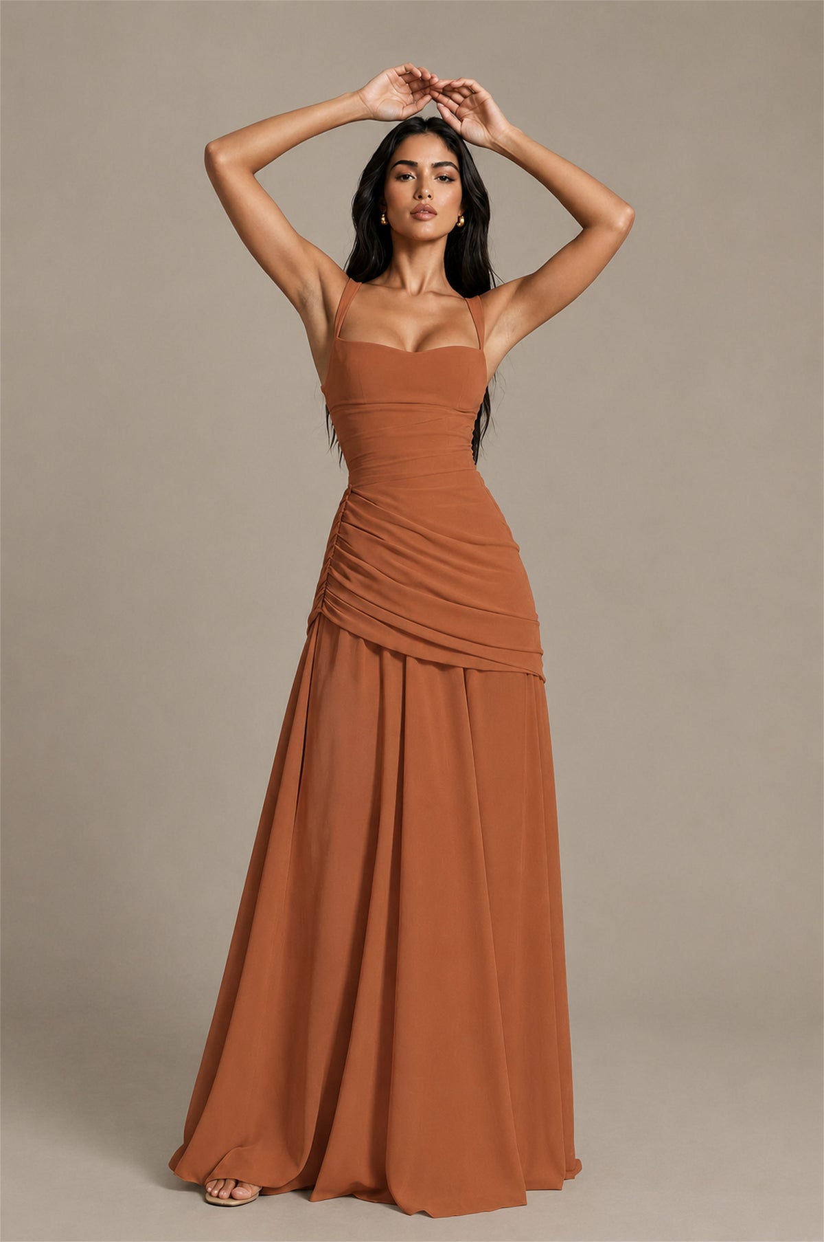BOLODOO Square Neck Ruched A-Line Maxi Dress - Burnt Orange Backless Evening Gown - Burnt Orange