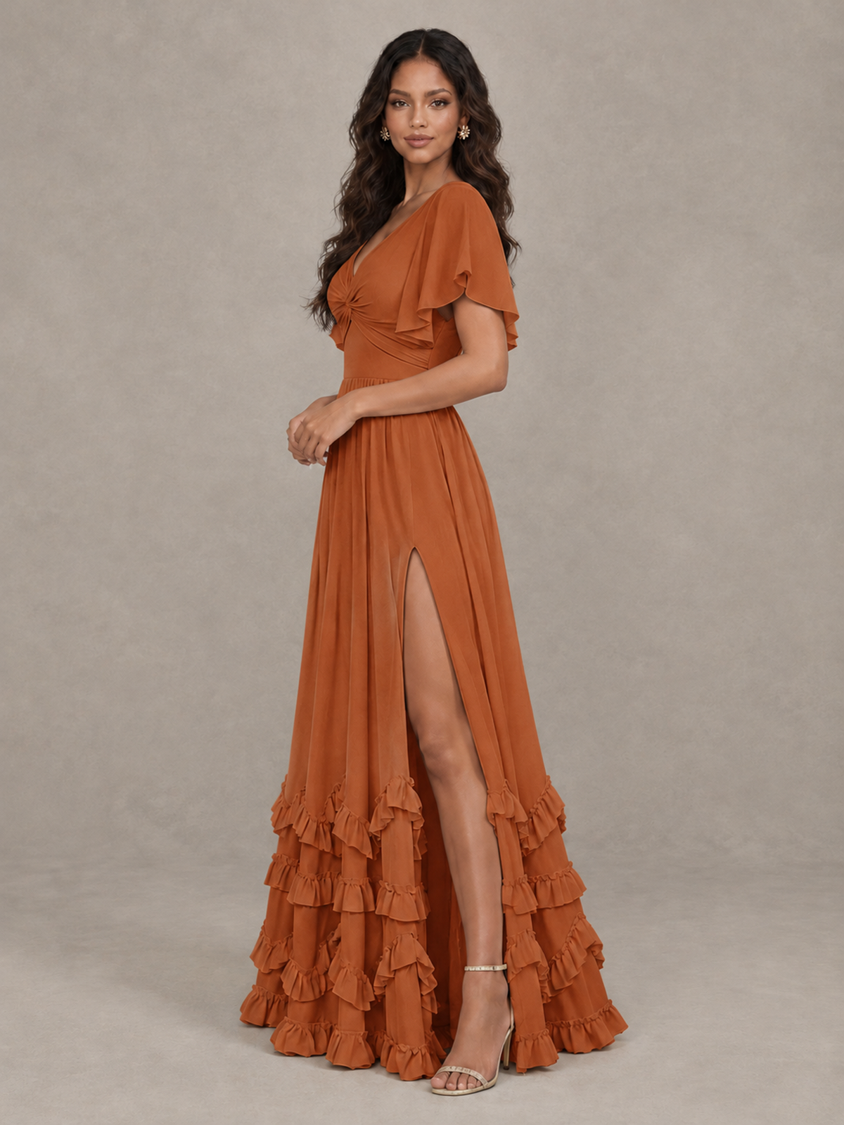 BOLODOO Burnt Orange V-Neck Flutter Sleeve Ruffle Bridesmaid Dress with Slit - Burnt Orange - Burnt Orange (3)