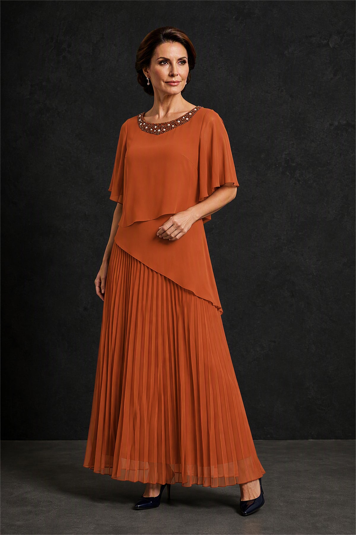 BOLODOO Burnt Orange Pearl Beaded Neck Asymmetric Tiered Flutter Sleeve Pleated Chiffon Maxi Dress - Burnt Orange