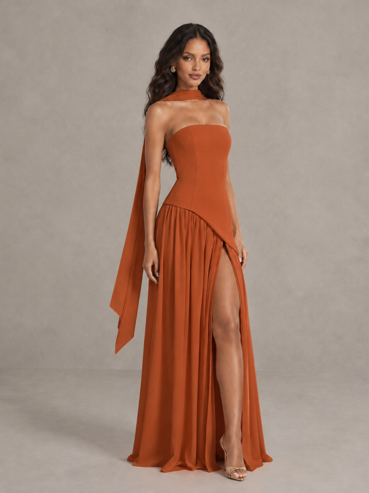 Burnt Orange Strapless Bridesmaid Dress with Scarf & High Slit - Burnt Orange - Burnt Orange (3)