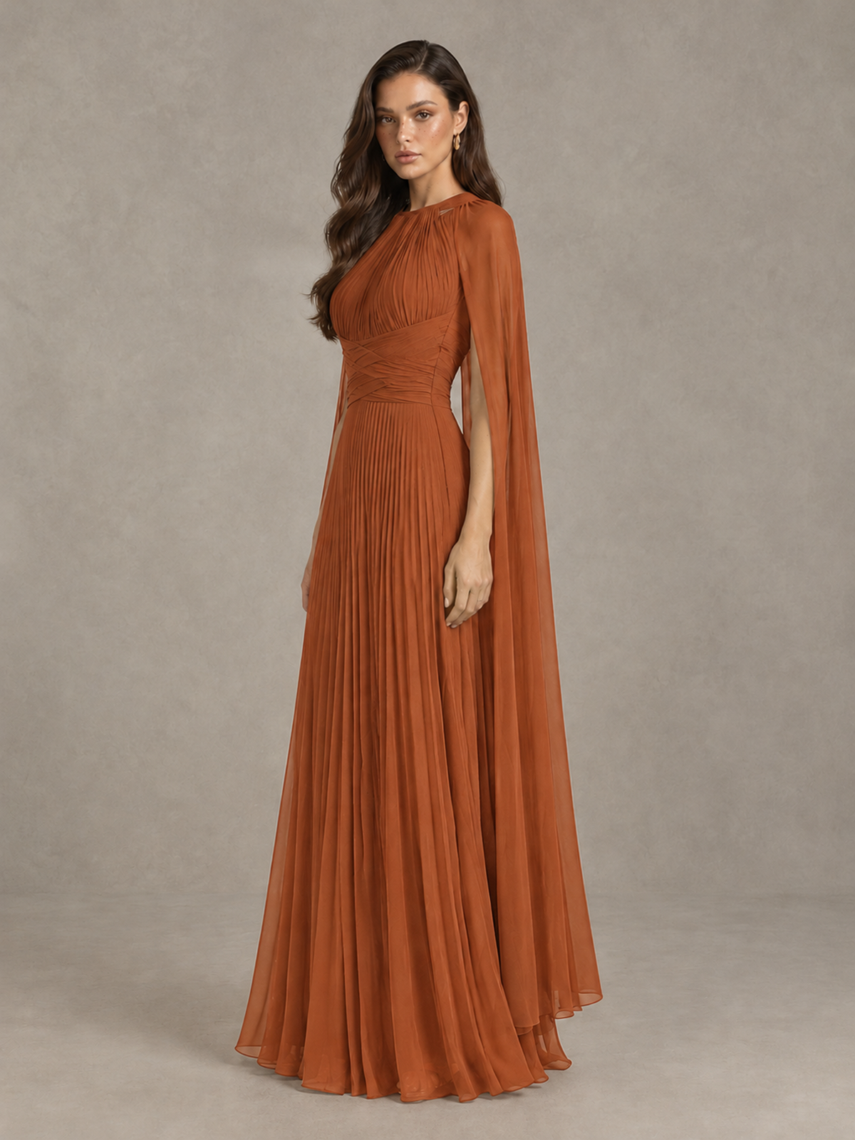 BOLODOO Burnt Orange Pleated Cape Maxi Wedding Guest Dress - Burnt Orange - Burnt Orange (3)