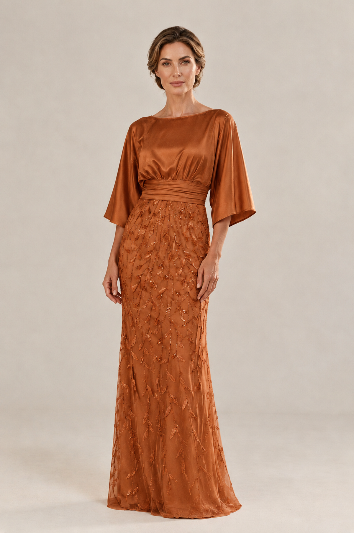 BOLODOO Burnt Orange Mother of the Bride Dress with Kimono Sleeves, Satin Bodice & Sequin Embroidered Mermaid Floor-Length Gown - Burnt Orange - Burnt Orange (3)
