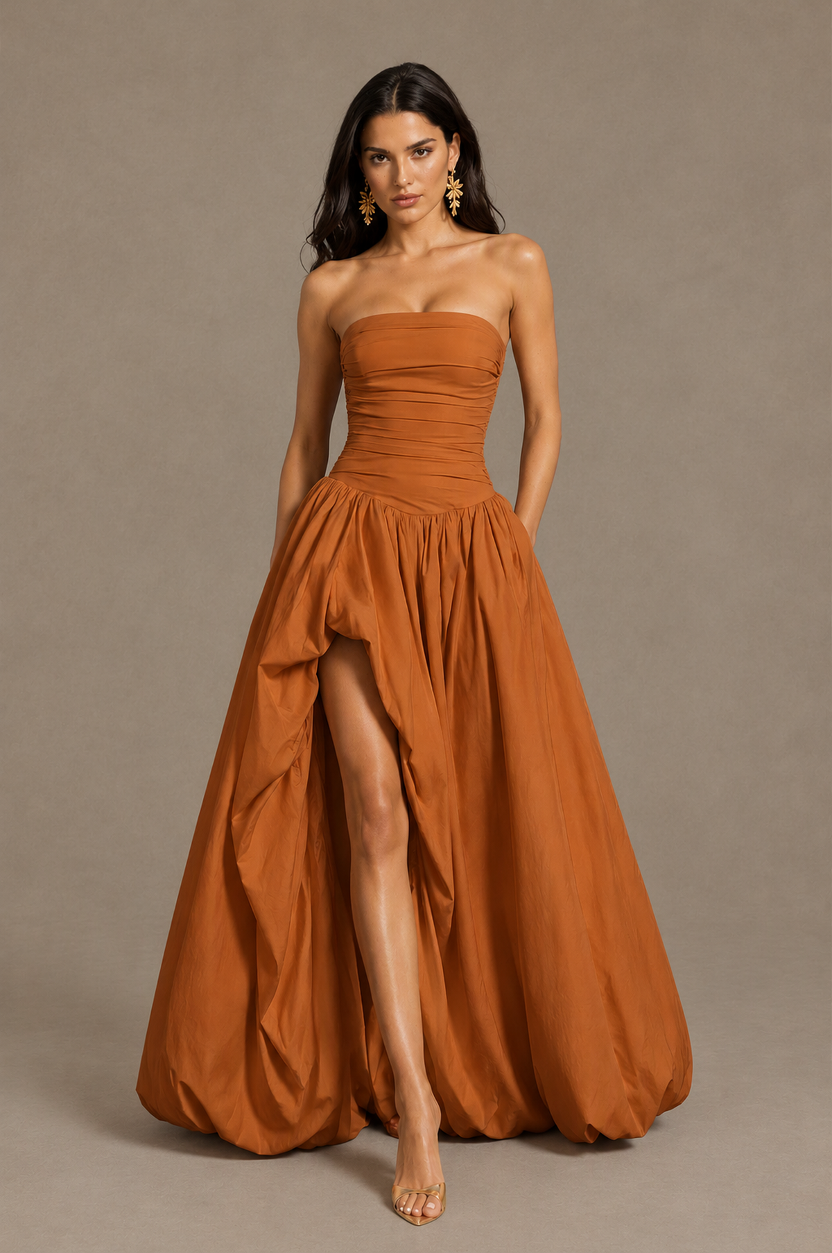 BOLODOO Burnt Orange Strapless Ruched Corset Lace-Up Back Bubble Skirt High Slit Taffeta Maxi Dress - Burnt Orange
