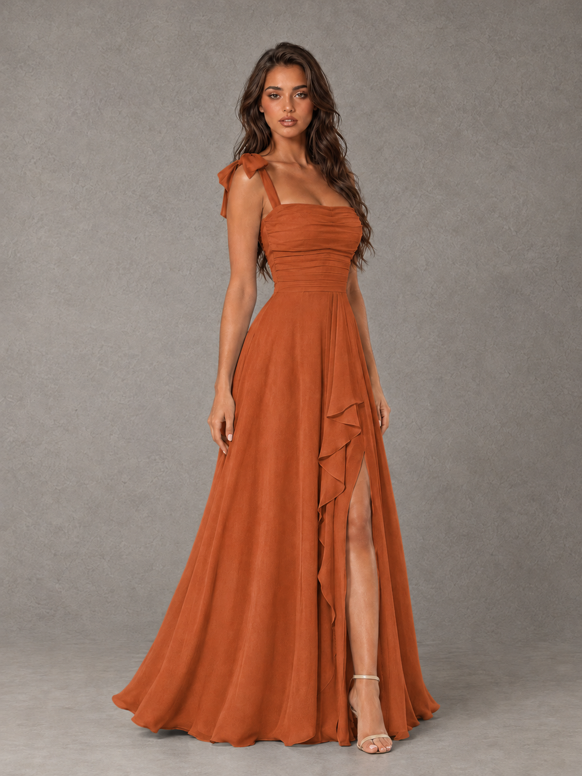 BOLODOO Burnt Orange Bow-Strap Bridesmaid Dress with Ruffle Slit - Burnt Orange - Burnt Orange (3)