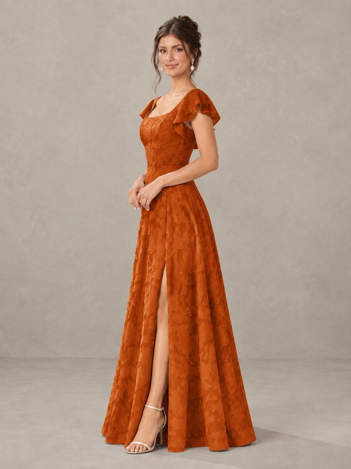 BOLODOO Burnt Orange Floral Flutter Sleeve Bridesmaid Dress with Slit - Burnt Orange - Burnt Orange (3)