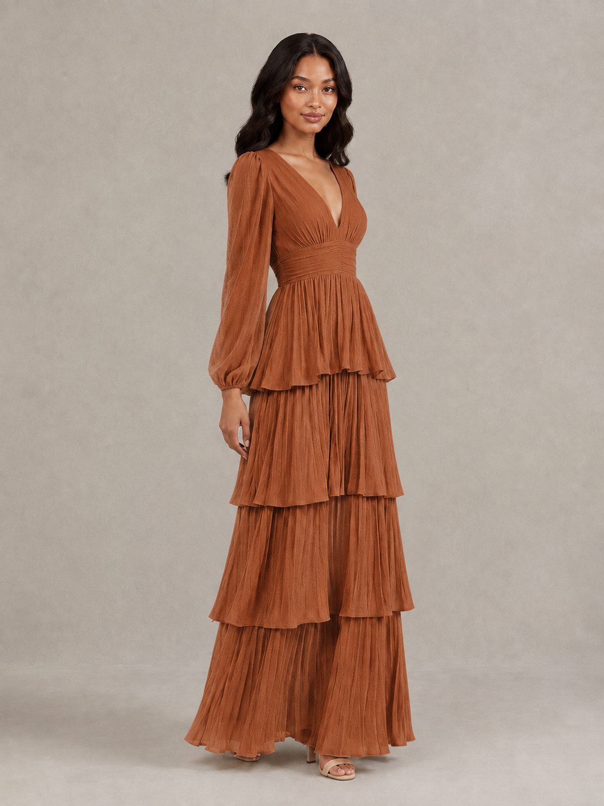 BOLODOO Burnt Orange Long-Sleeve Tiered Maxi Dress with Deep V-Neck - Burnt Orange