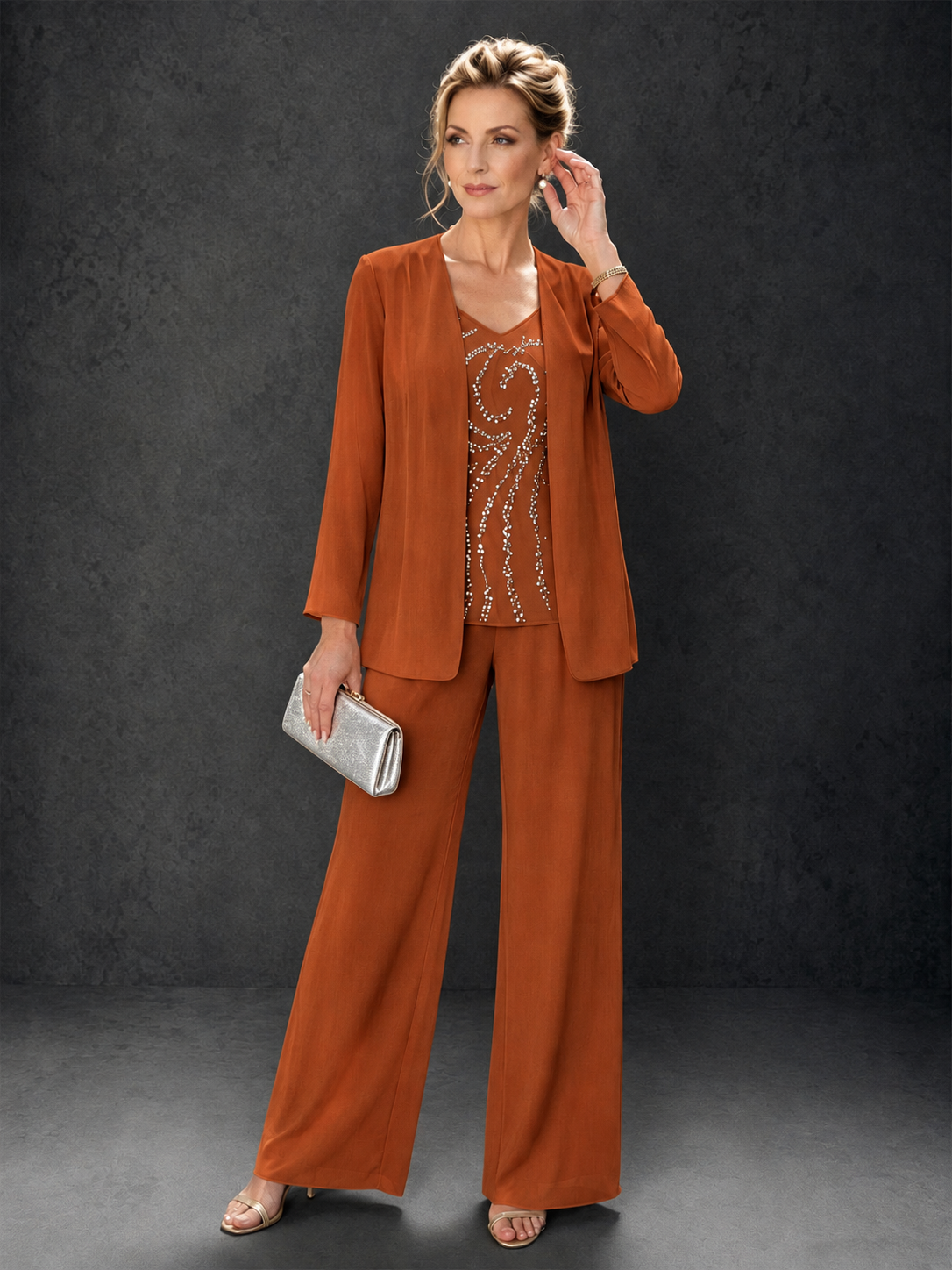 BOLODOO Burnt Orange 3-Piece Mother of the Bride Pant Suit with Beaded Top & Chiffon Jacket - Burnt Orange