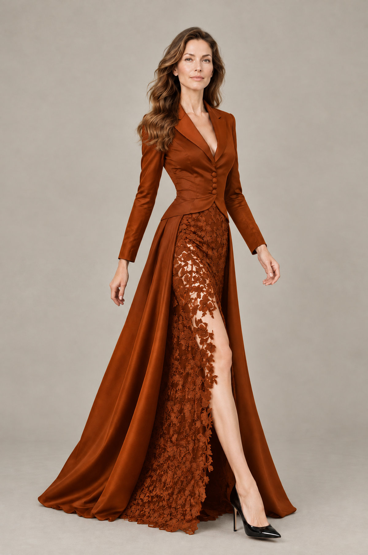 BOLODOO Burnt Orange Long Sleeve Lace Blazer Gown with High Slit - Burnt Orange - Burnt Orange (3)