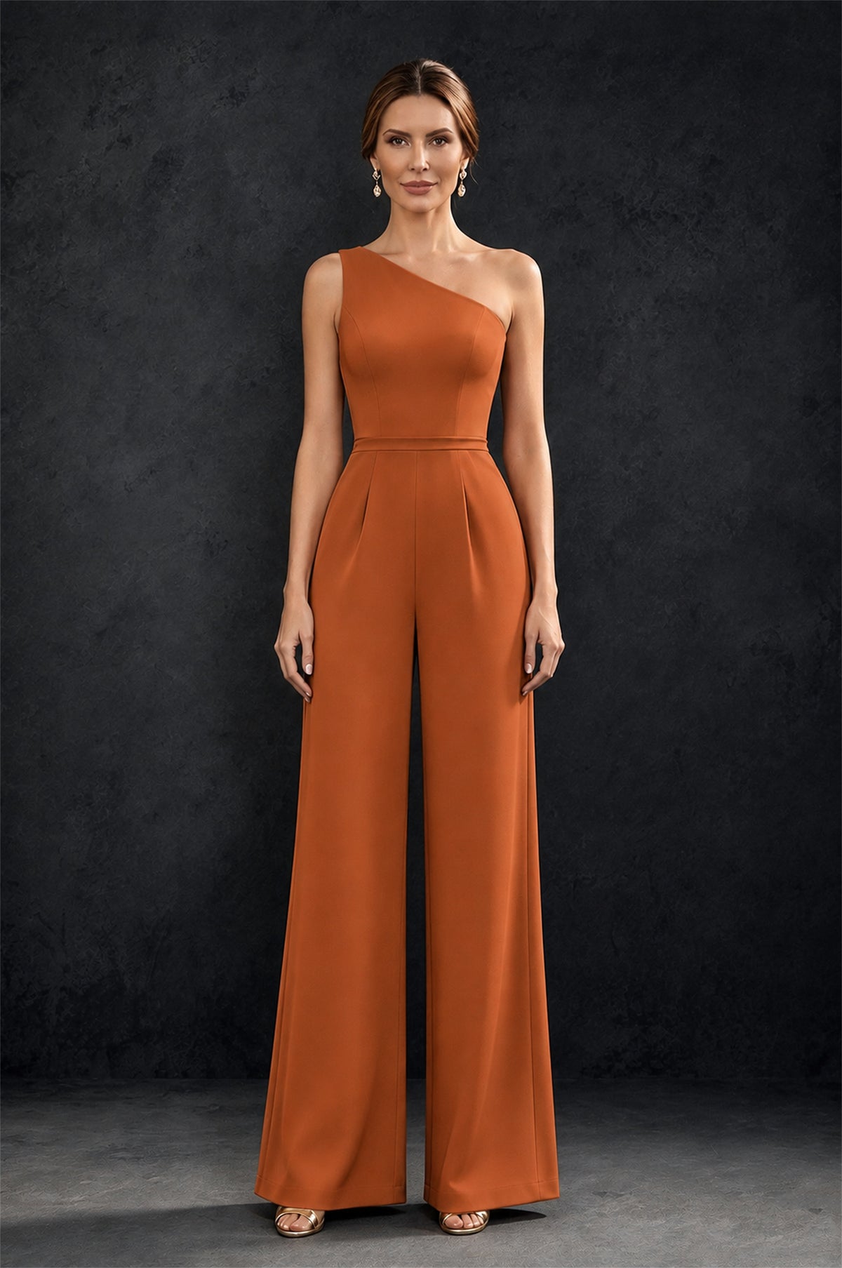 BOLODOO Burnt Orange 2-Piece Set: Off-Shoulder 3D Floral Cape Gown & One-Shoulder Wide-Leg Jumpsuit | BD0373 - Burnt Orange