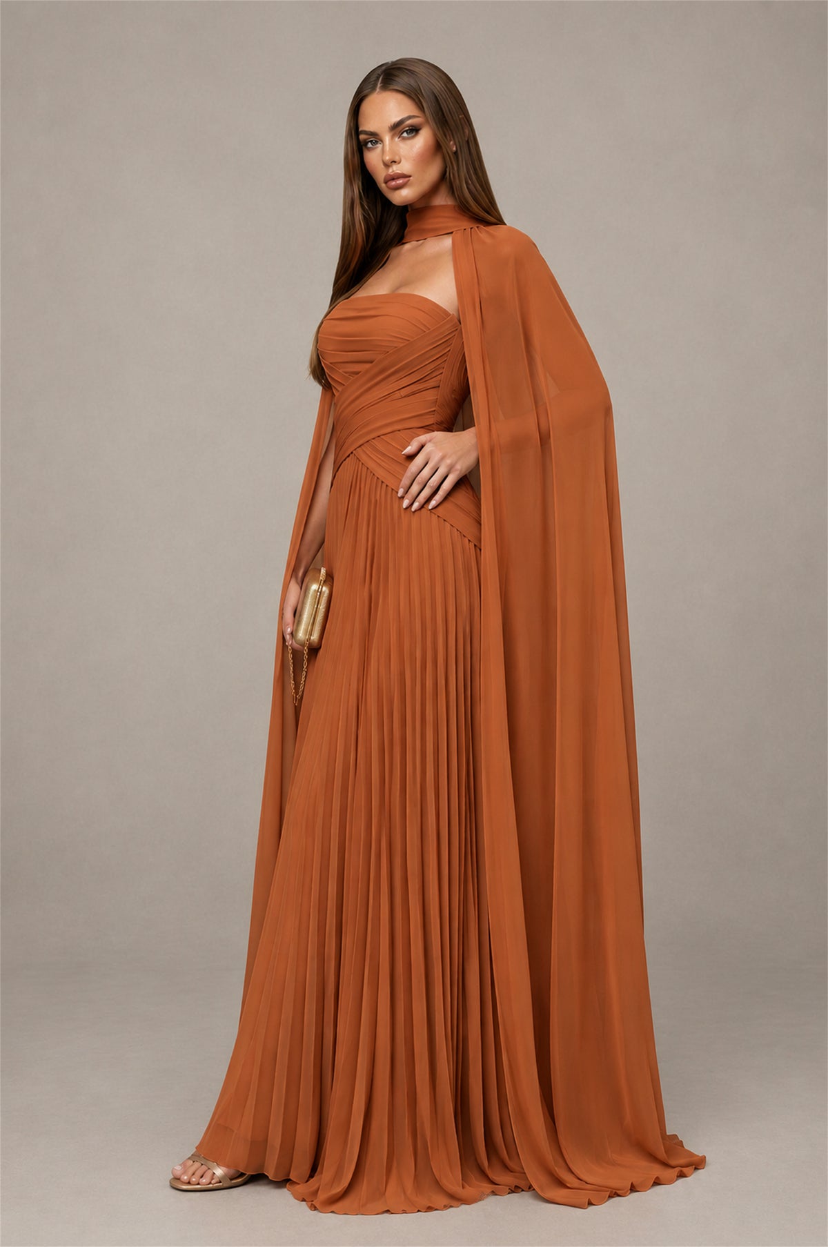 BOLODOO Burnt Orange Strapless Crossover Ruched Bodice Detached Turtleneck Cape Lace-Up Back Pleated Chiffon Maxi Dress - Burnt Orange