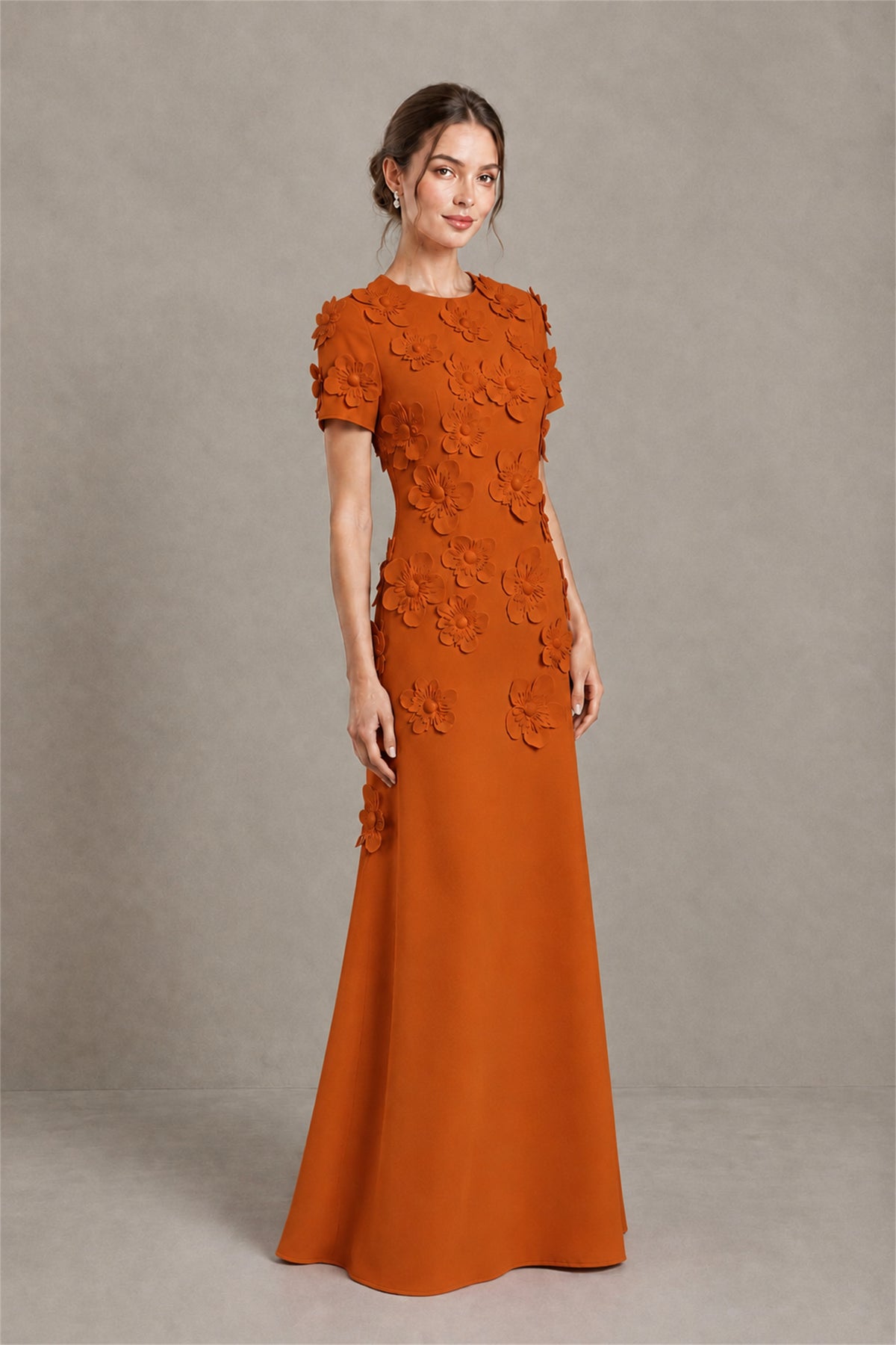 BOLODOO Burnt Orange Textured Floral Maxi Dress with Short Sleeves - Burnt Orange