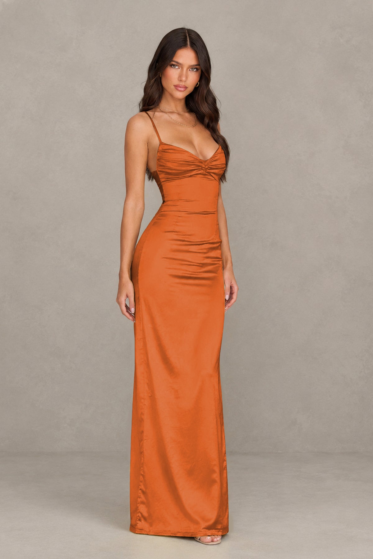 BOLODOO Burnt Orange Satin Cowl Neck Open Back Mermaid Maxi Dress with Side Slit - Burnt Orange